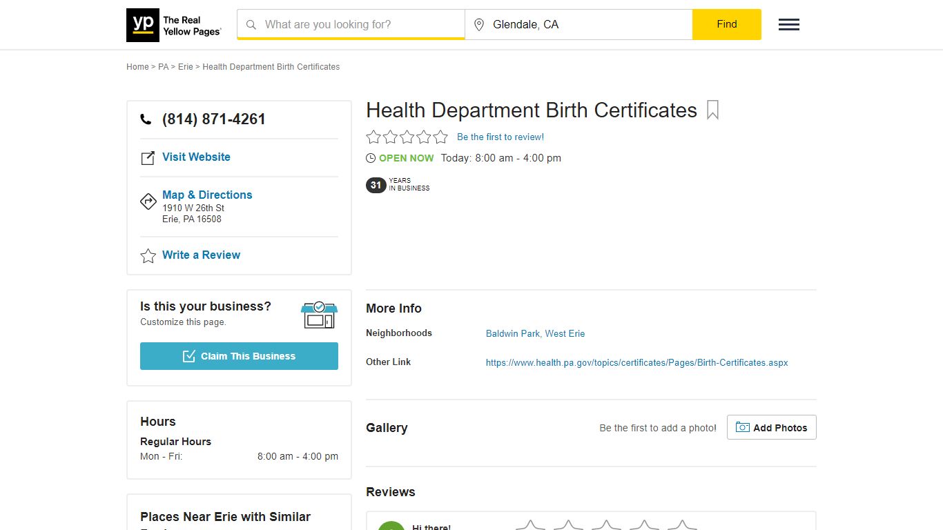 Health Department Birth Certificates 1910 W 26th St, Erie, PA 16508 ...